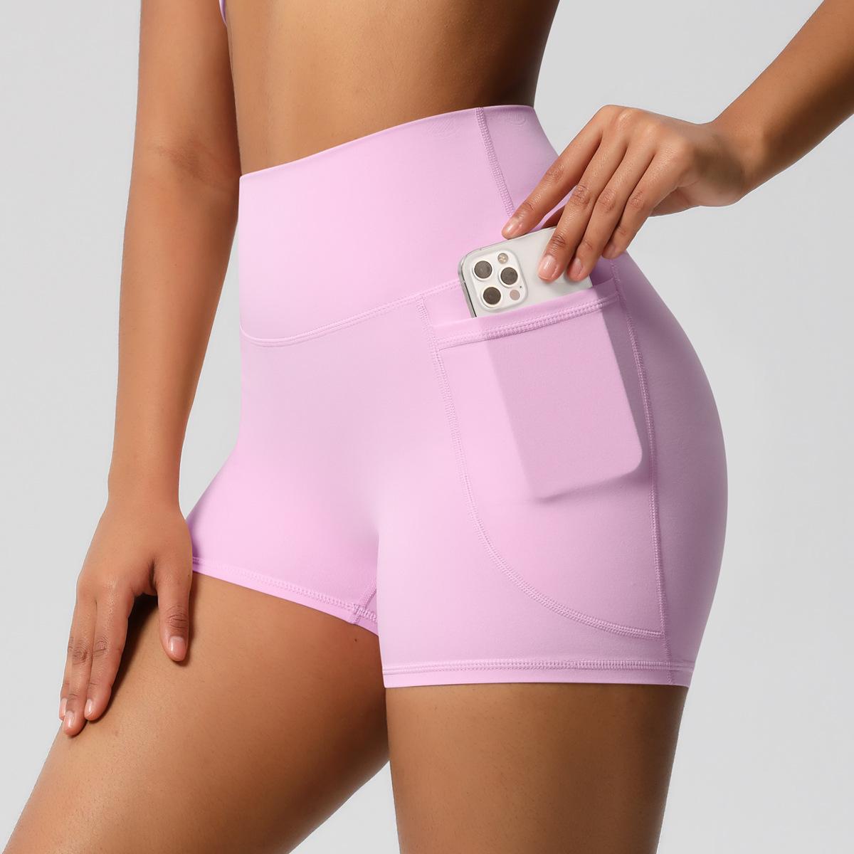 Einfarbige Yogahose mit Taschen – atmungsaktive, hoch taillierte, bauchstraffende Fitness-Shorts für Damen XL