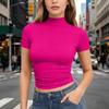 Dames T-shirt met korte mouwen, slank gesneden, met opstaande kraag, rekbaar, lichtgewicht, ademend, basic top voor dagelijks gebruik