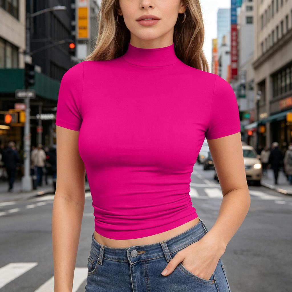 Dames T-shirt met korte mouwen, slank gesneden, met opstaande kraag, rekbaar, lichtgewicht, ademend, basic top voor dagelijks gebruik