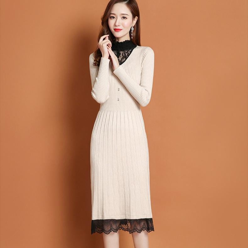 Lace Half Turtleneck Knitted Dress for Women Long-sleeved Solid-color Sweater Dress for Autumn and Winter Casual