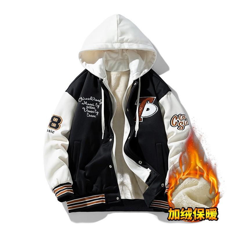 Mens Fleece-Lined Hooded Oversized Workwear Jacket With Color-Block Design Winter Fall