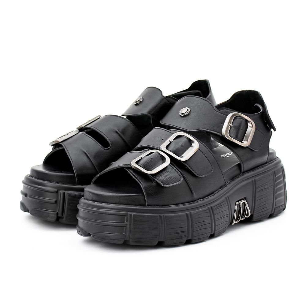 Sophisticated Retro - Futuristic Black Sandals | Premium Leather, Chunky Metal Buckles, Versatile for Casual & Streetwear