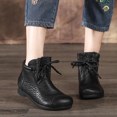 Women's Female Ladies Woman Ankle Boots Shoes Winter Spring Cow Genuine Leather Lace Up Shoes Punk Plus Fur Warm Casual  Boots