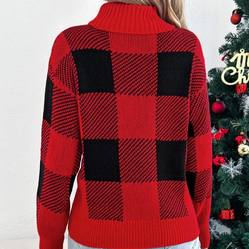 Women European Style Contrast Color Plaid High Neck Long Lantern Sleeve Pullover Sweater