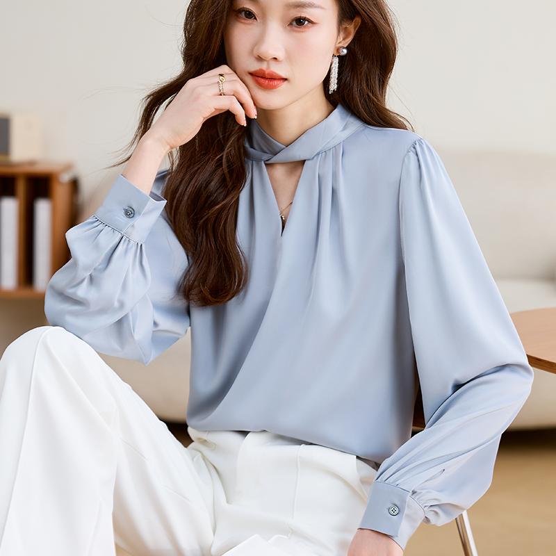Damenblusen Hemden 2025 Frühling Langarm Damenbluse Hemd O-Ausschnitt Büro Dame Chiffonbluse Hemd Damenoberteile J836