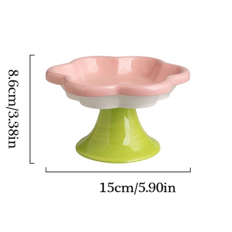 Ceramic Pet Bowl Flower Shape Cats Food Dish Nonslip Elevated Stand Feeding Plate for Neck Protections and Easy Cleaning