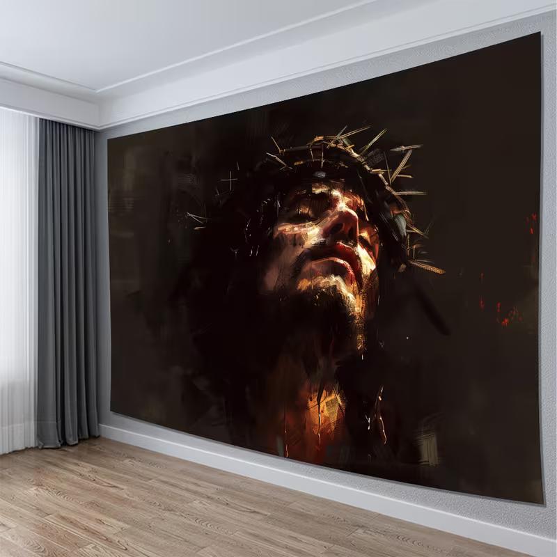 2D Christian Jesus Religious Tapestry Dark Art Portrait Wall Decor Cloth for Home & Bedroom