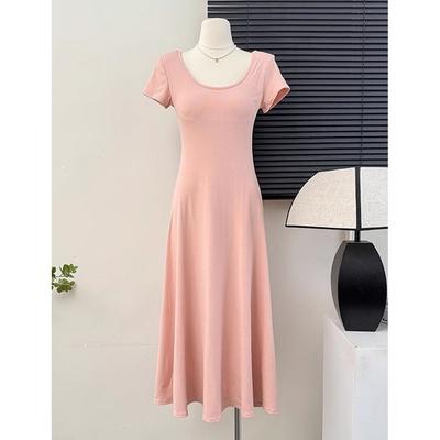 Pure Desire Square Neck Backless Short-sleeved Long Dress for Girls and Girls, New Pleated Slim-fitting Pink Dress, Bow.