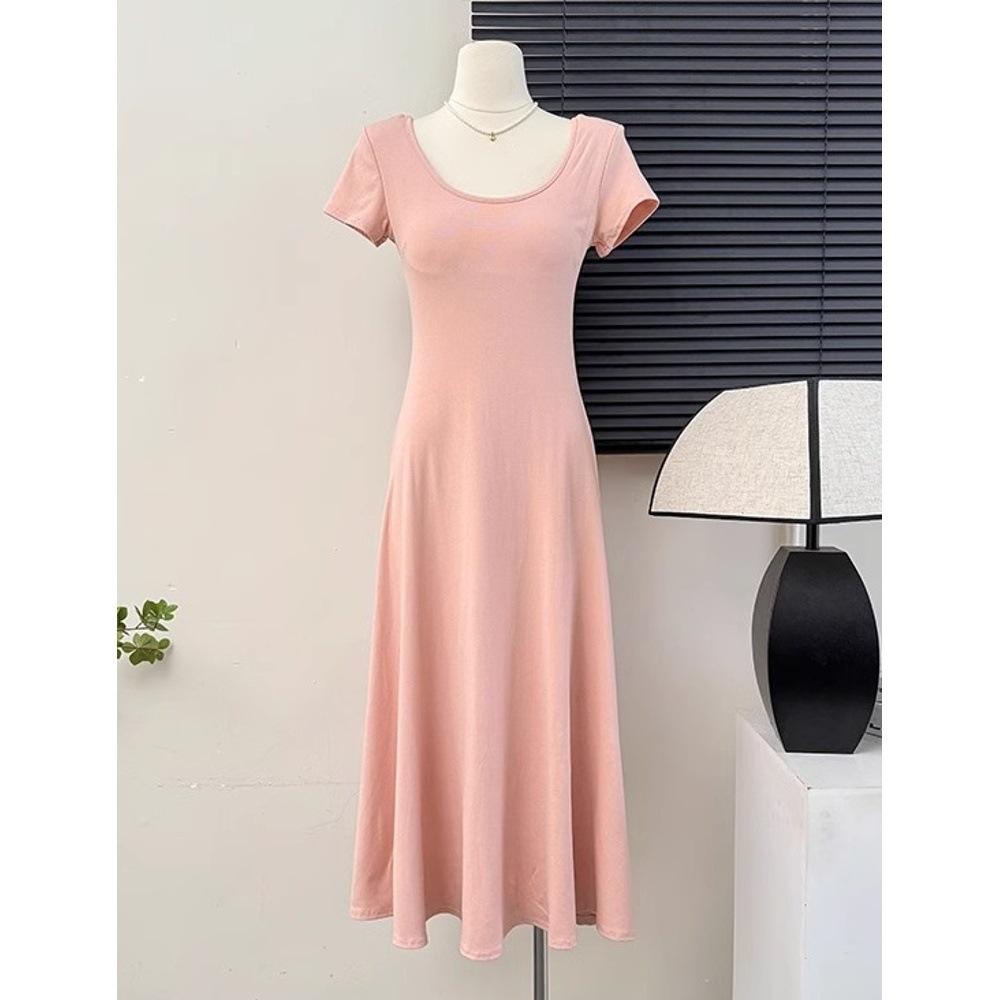 Pure desire Spice Girl square neck halter short sleeve long dress girls girls new pleated slim pink dress bow S