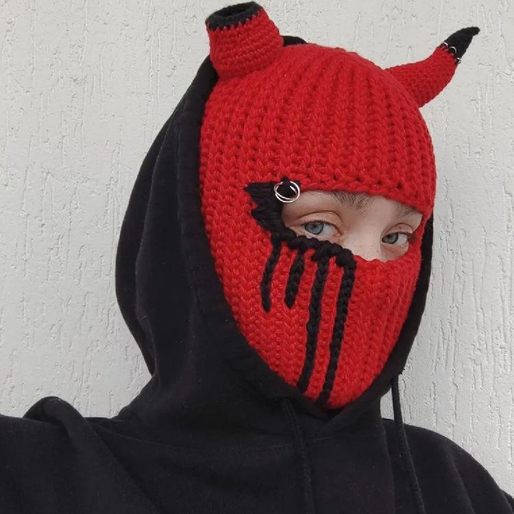 Y2K Style Crochet Halloween Party Cow Horn Parent-Child Ski Mask Hat