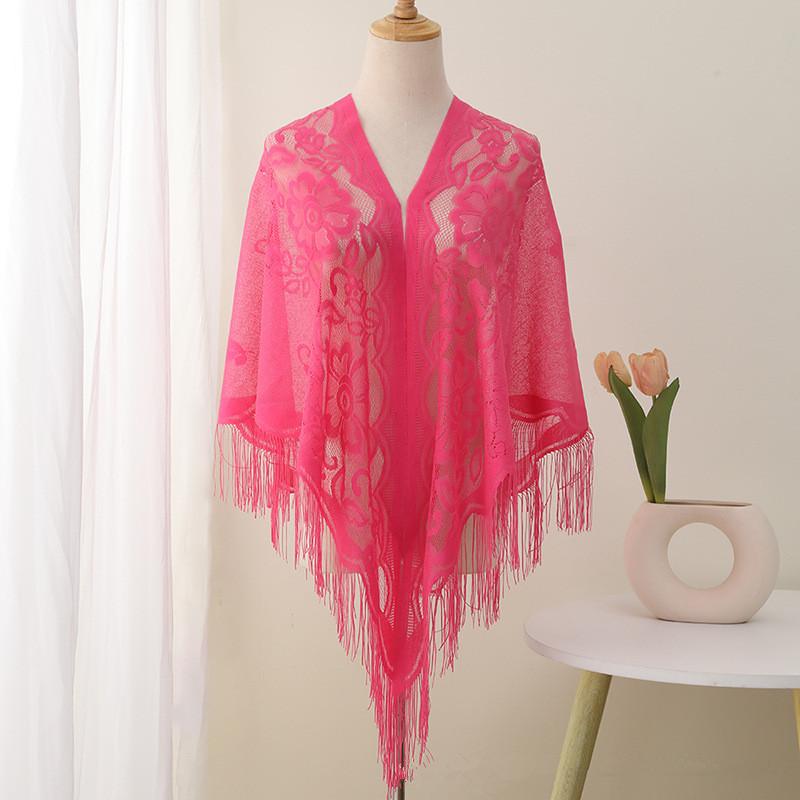 Summer Transparent Lace Flower Tassel Scarf Mesh Yarn Cheongsam Shawl Triangle Neck Scarves Neckerchief Head Scarf