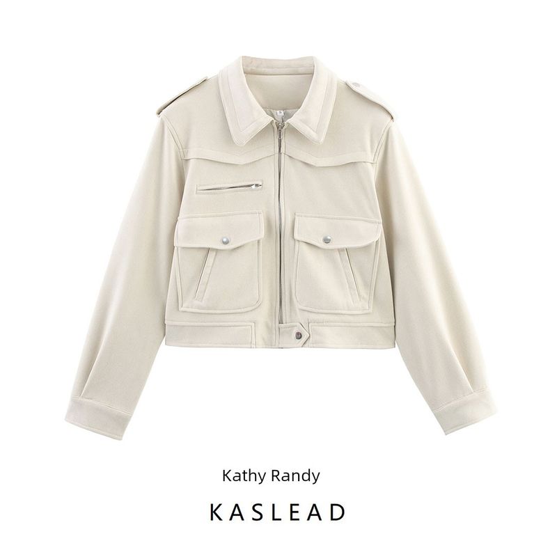 Kaslead New Women clothes Western Style Fashion Simple and Versatile Pocket Decoration Suede Jacket