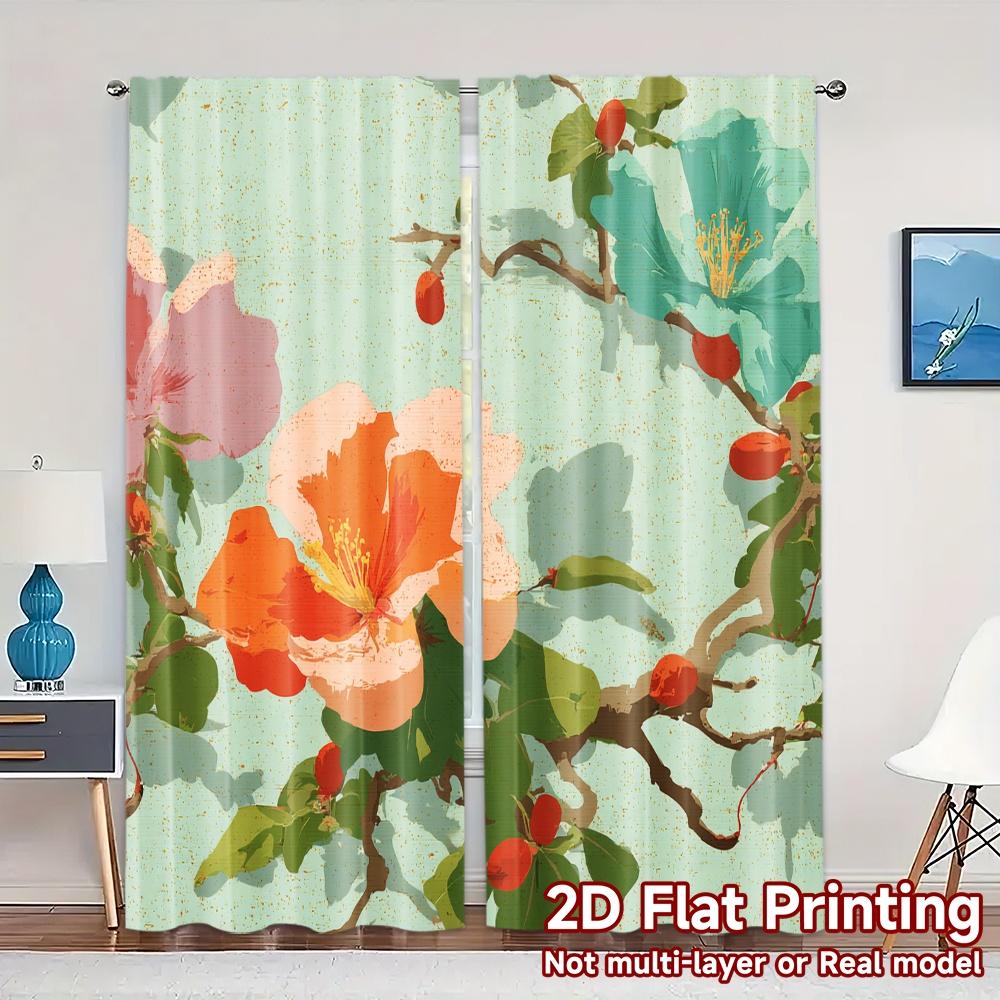 

Set Of 2 Modern Flat Printing Curtains Without Rod Floral Spring Celebration Fashionable Curtainments During New Year Curtain Polyester W100*H70(CM)-Grommet top&1PCS