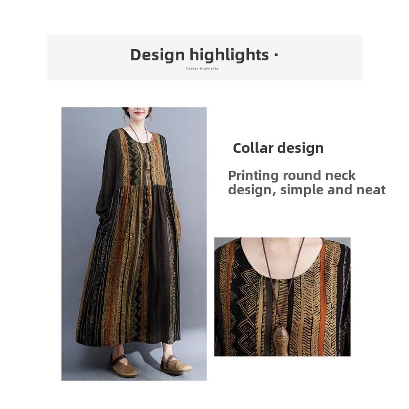GMXIA Autumn Women's Plus-size Mm Slimming Retro Age Reduction Ethnic Style Fat Sister Long Sleeve Striped Dress Autumn and Winter
