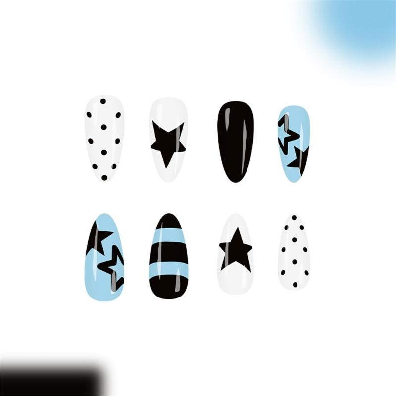 24Pieces Light Blue Star Pattern Glossy Press On Nail Medium Almond Shape Reusable Fake Nail Safe ABS Material Nail Art Designs