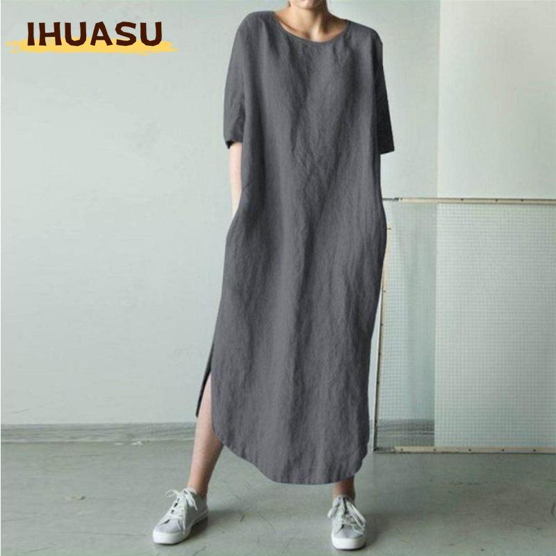 IHUASU Fashion Summer Spring Solid Color Print O-Neck Short Sleeve Casual Dresses