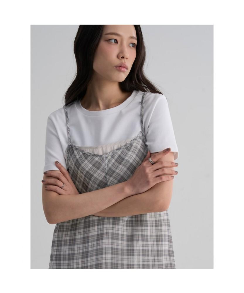 8SECONDS Sheer Check Layered Long Dress Beige