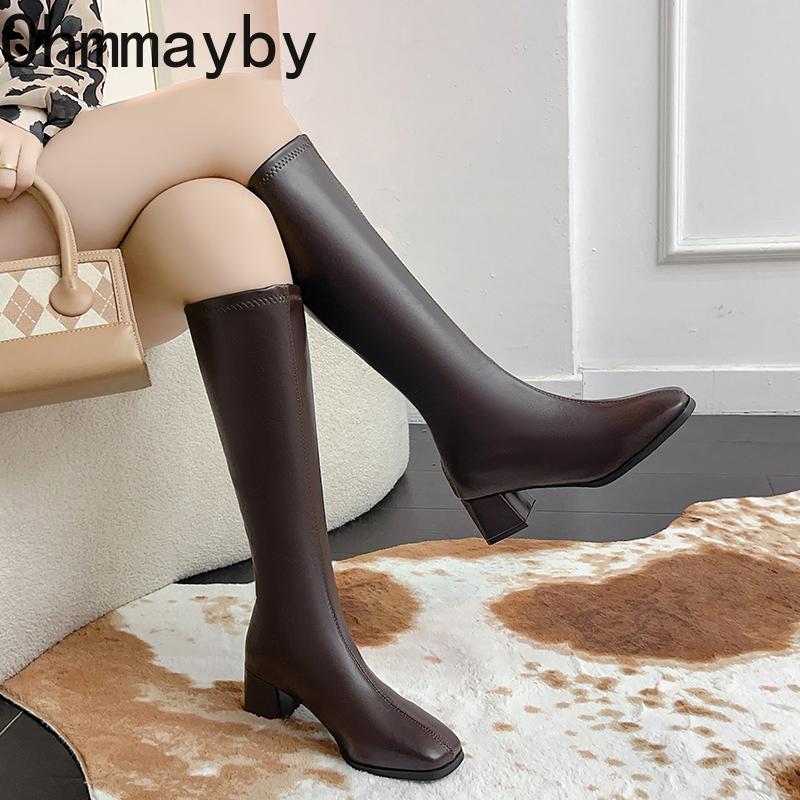 Autumn Winter Thick Heels Woman Knee High Boots Fashion Square Toe Party Dress Shoes Female Vintage Long Booties  De Muje