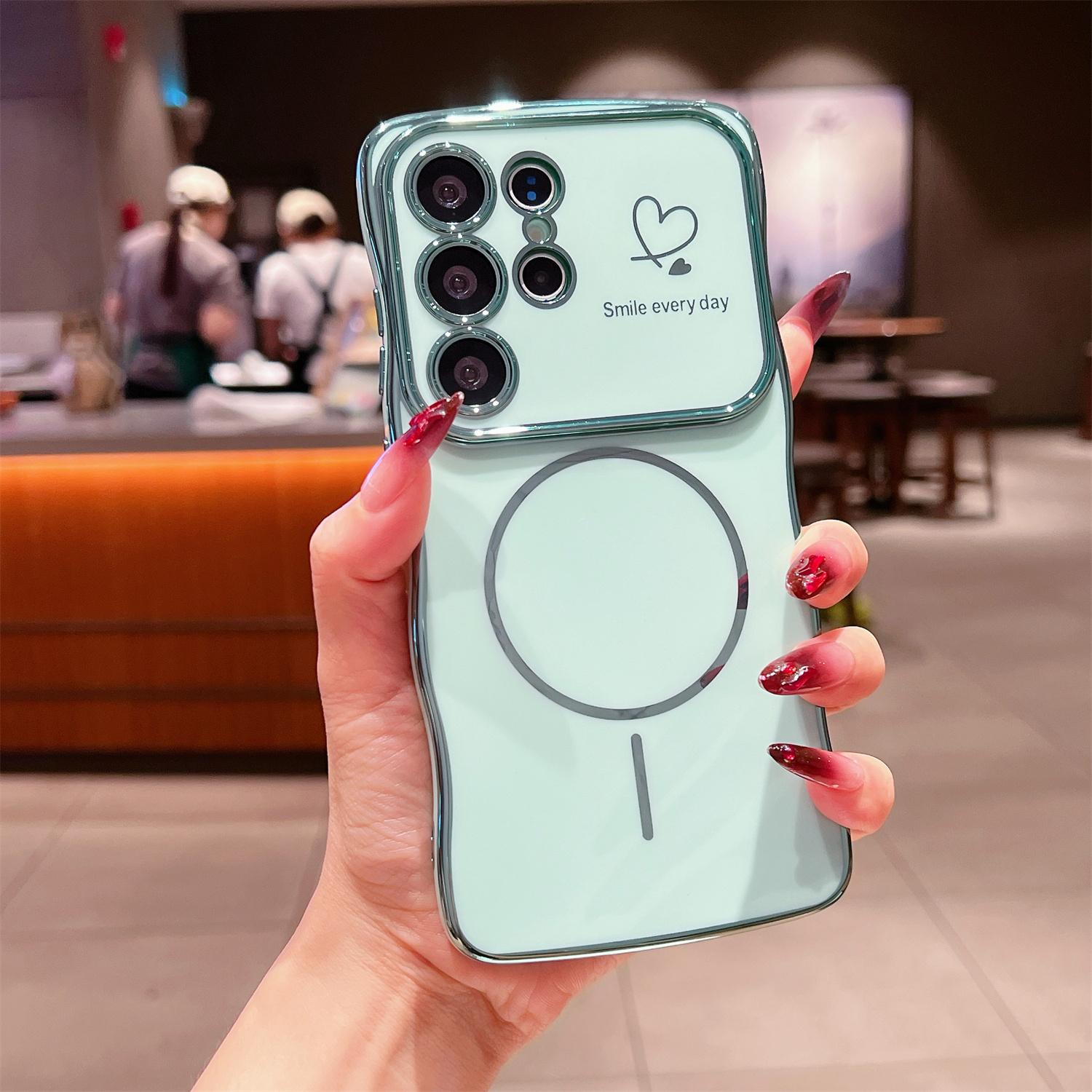 

For Samsung Galaxy S24 Ultra Magnetic Case Electroplating Wave Edge TPU Phone Cover Heart Pattern Green