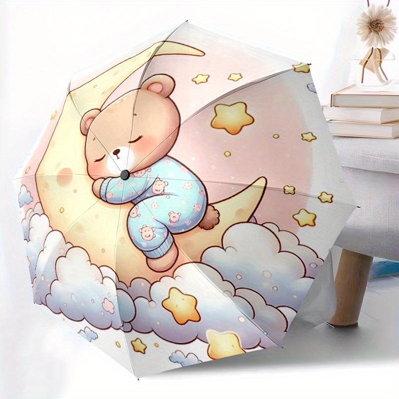 1pc Bear on the Moon Automatic 3-Fold Umbrella Design, Cute Cartoon Pattern, Portable Outdoor Umbrella, Perfect, Holiday Gift for fans.J007