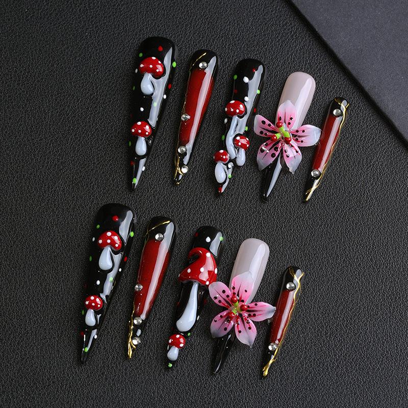 Handmade European & American Long Pointed 3D Mushroom Flower Nails - Dark Style Spicy Girl Nail Art