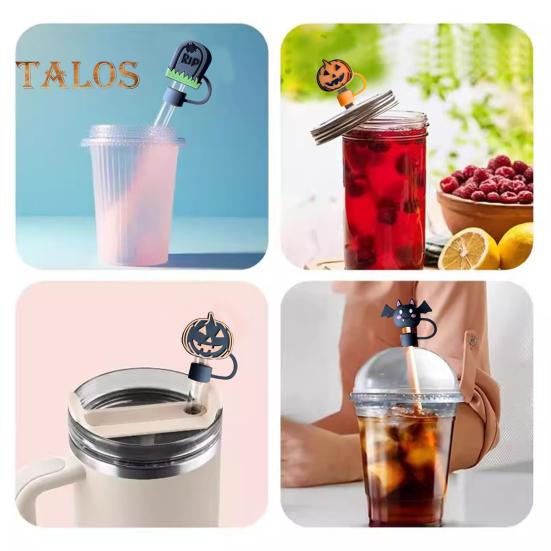 12 ks Halloweenských silikonových ozdob na brčka Opakovaně použitelný kryt na brčko Víčko odolné proti stříkající vodě pro 10mm brčka Ekologické krytky na pití