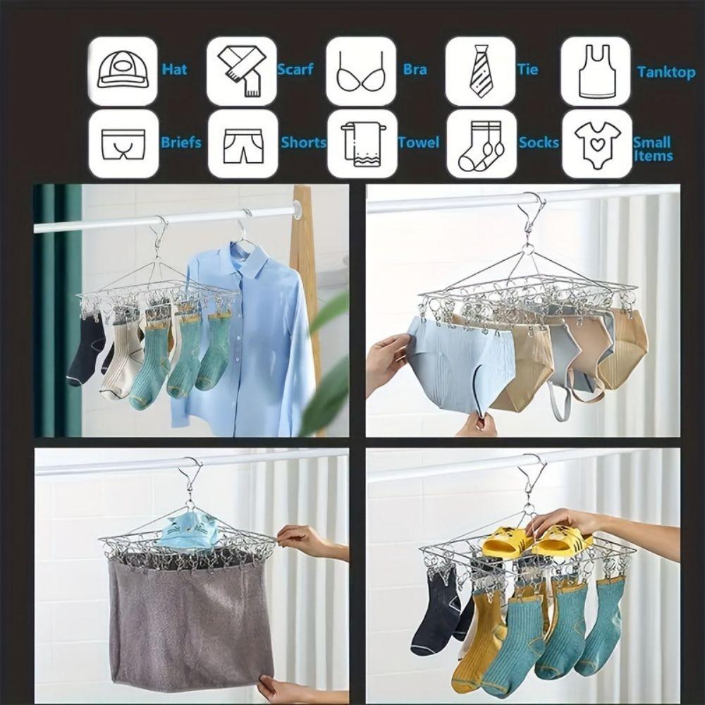 1pc Sock Drying Rack With 30 Hooks Stainless Steel Rotatable Hanger Windproof Drip Hanger Foldable Sock Hanger