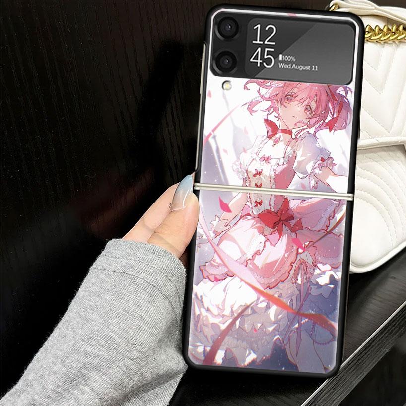 Madoka Magica Anime Case for Samsung Galaxy Z Flip7 Flip6 Flip5 Flip4 Flip3 5G Hard Phone Shell Z Flip 7 6 5 4 3 Black Cover