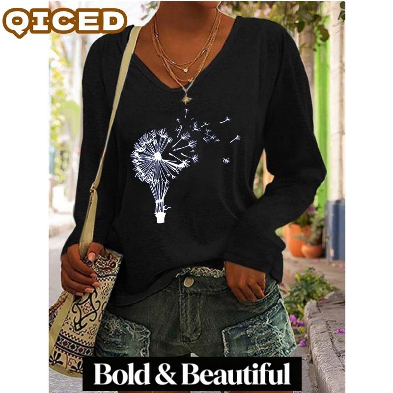 QICED Damen Mode Lässig Langarm V-Ausschnitt Blusen & Hemden