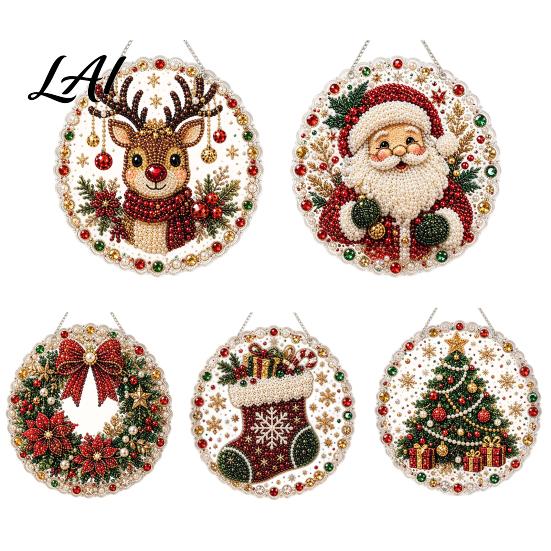 Decorative Ornaments for Garden Christmas DIY Faux Diamond Painting Hanging Santa Wreath Acrylic Pendant Pearl Holiday Celebration Party Supplies