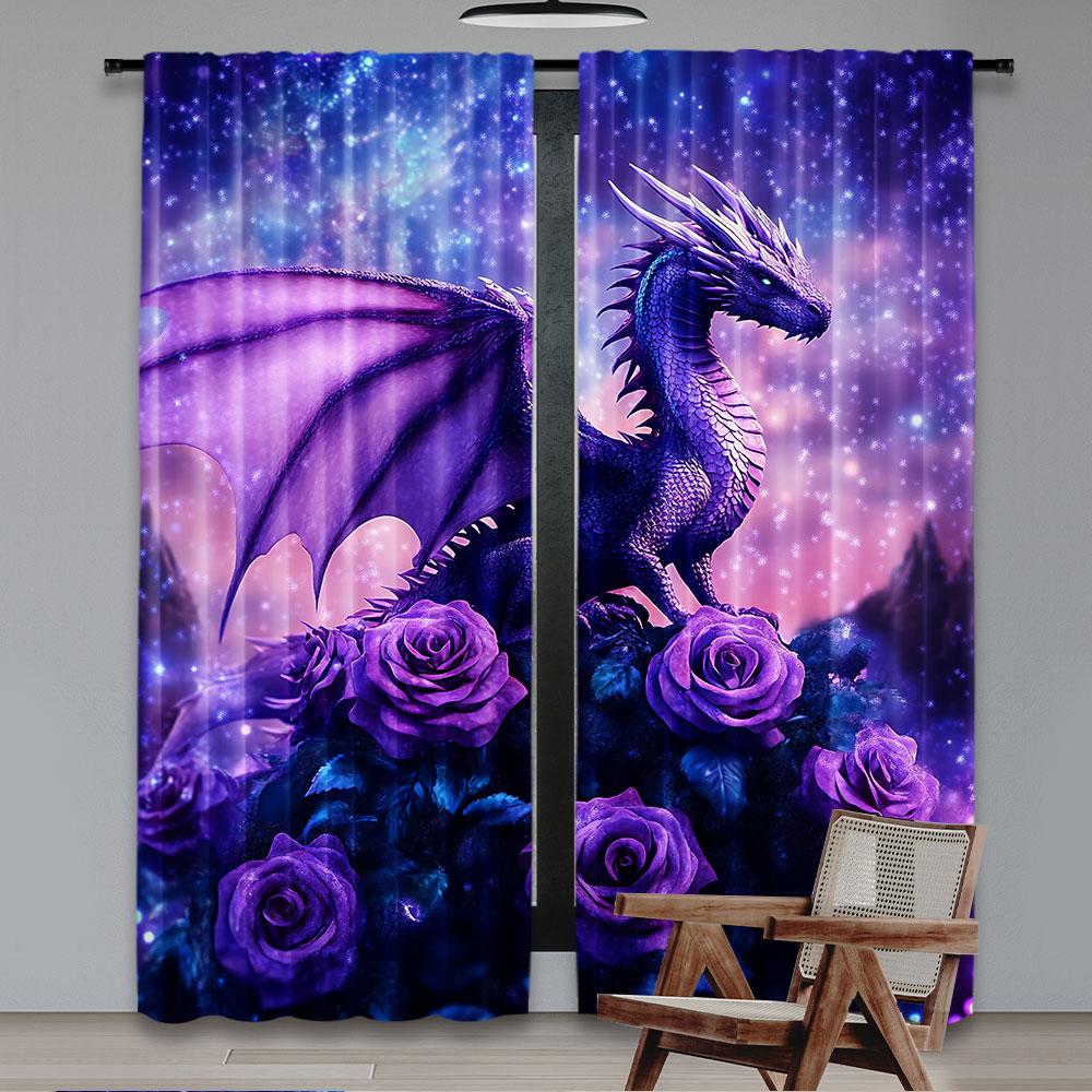 2Pcs Dragon Curtain Starry Sky Rose Flower Curtain Purple Nebula Galaxy Curtain Western Magical Dragon For Bedroom Living Room