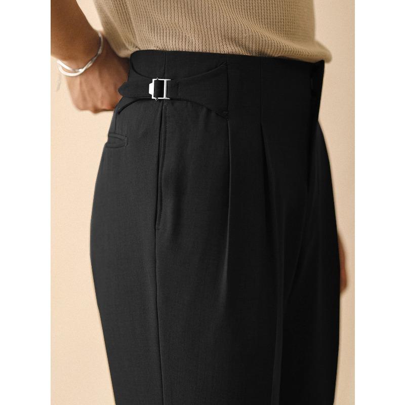Men's Elegant Italian Neapolitan High Waist Wide Leg Pants with Tucks and Buttons Business Casual Style