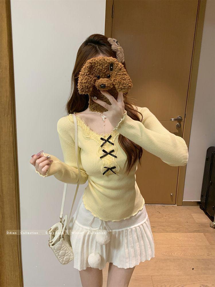 Korean Lace Patchwork Knitted Slim-fit Sweater for Women - 2025 Autumn/Winter Trendy Top