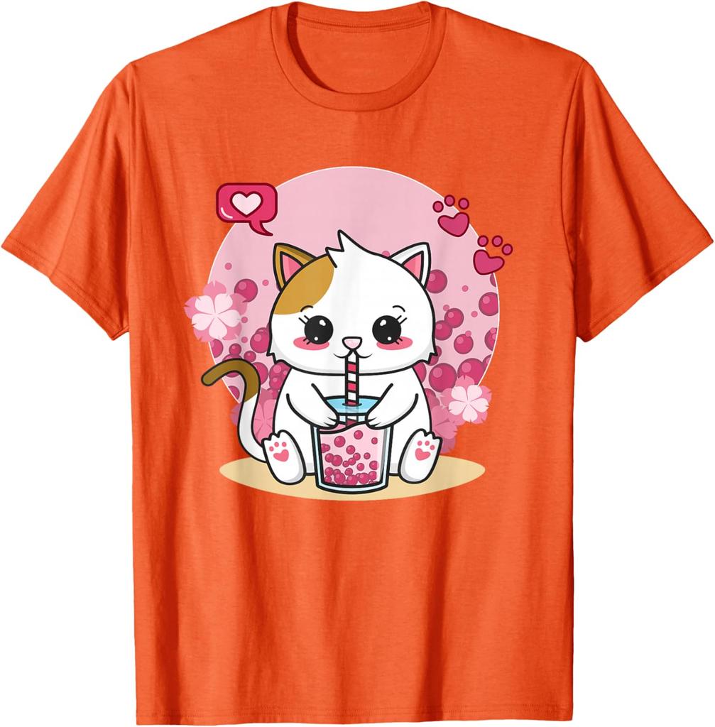 Kawaii Cat Boba Tea Drink Lover Graphic Tee Cute Anime Neko Kitten T-Shirt Unisex Casual Trip