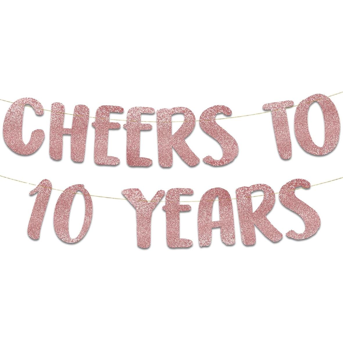 Cheers to 10 Years Gold Glitter Banner - 10th Anniversary and Birthday Party Decorations Cheers To 10 Years - Rose