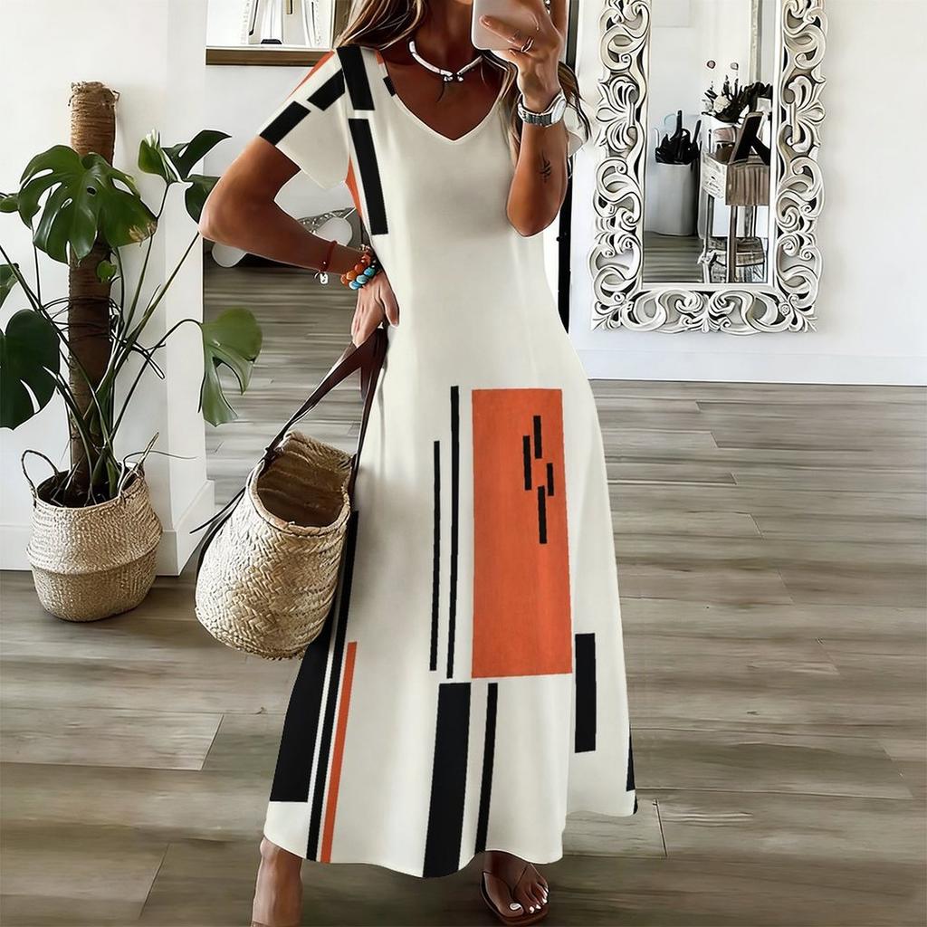 Women Plus Size V Neck Short Sleeve Geometric Printed Straight Maxi Dress