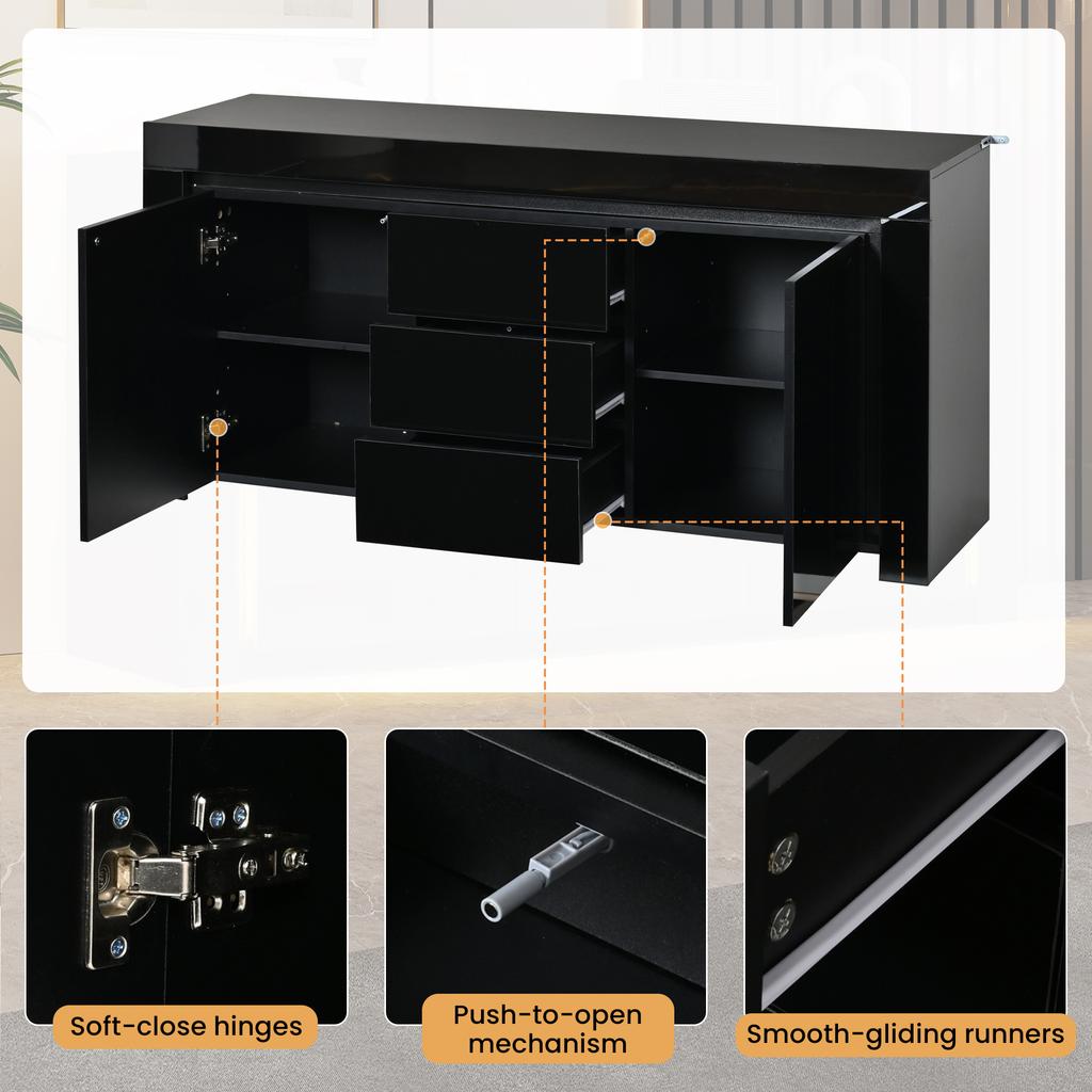 Mobile da soggiorno 140*40*65cm, Cassettiera con 3 cassetti, 2 ante, Mobiletto laterale laccato lucido con striscia luminosa a LED, Credenza con spazio contenitore, Nero