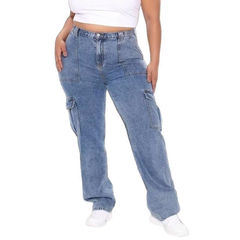 High-Waisted Wide-Leg Denim Cargo Pants Women Relaxed Fit Vintage Workwear Style Blue Cotton Blend