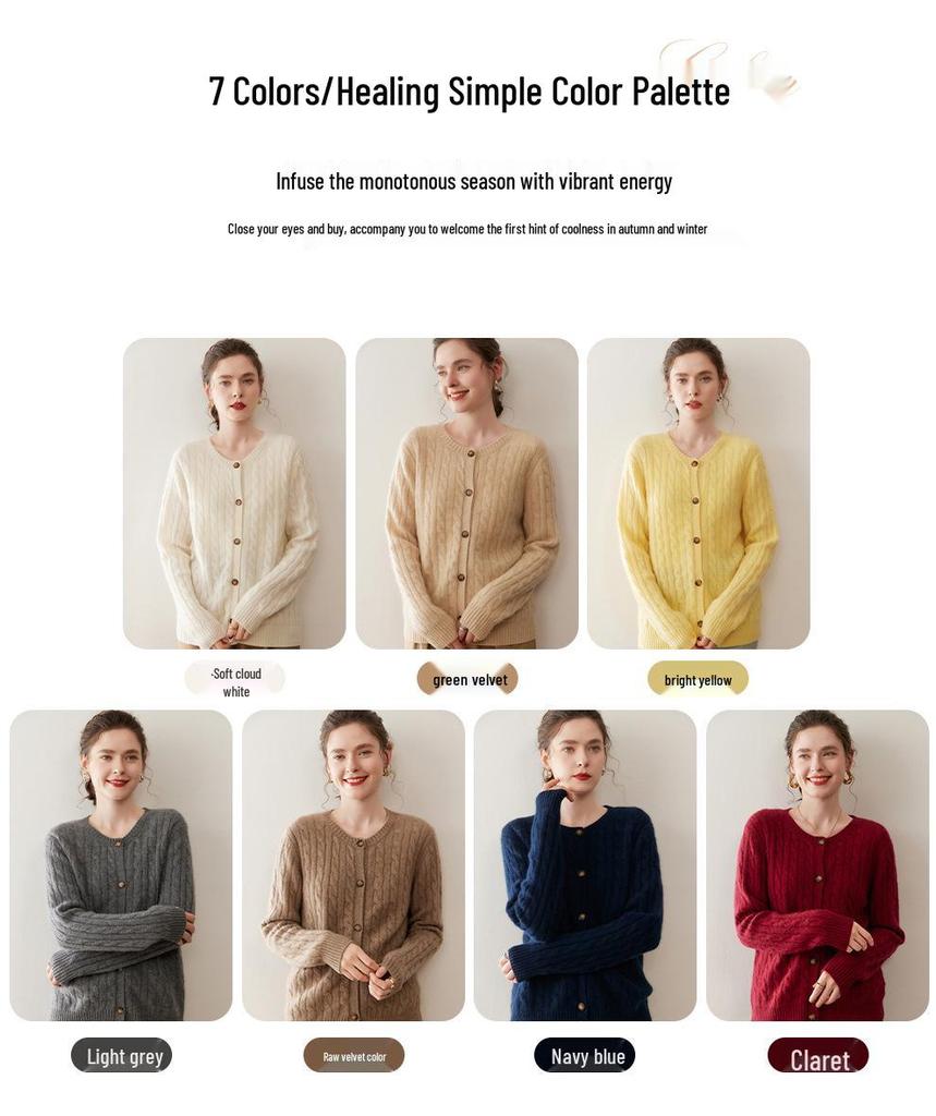 Women's Autumn-Winter Cable Knit Cashmere Cardigan, Long Sleeve, Round Neck, Versatile Base Layer Sweater