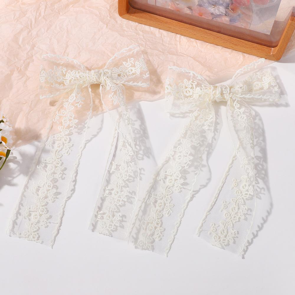 RAINBOW BOWS 1Pcs 8inch White Long Tassle Bowknot Hair Ponytail Clips Hollow Lace Elegant Women Hairgripes Girls Lovely Headwear