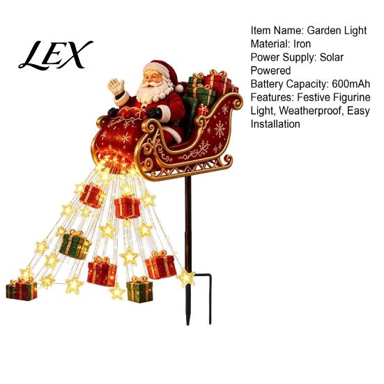 Illuminated Pathway Lights for Christmas Santa Sleigh Figurine Light, Solar Powered Garden Stake Decorative Iron Stakes Pouring Gifts Stars Light Yard