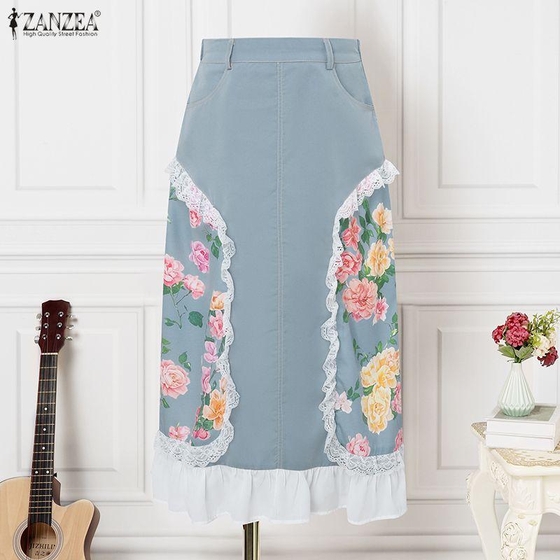 ZANZEA Women Casual Lace Splice Summer Floral Midi Skirts