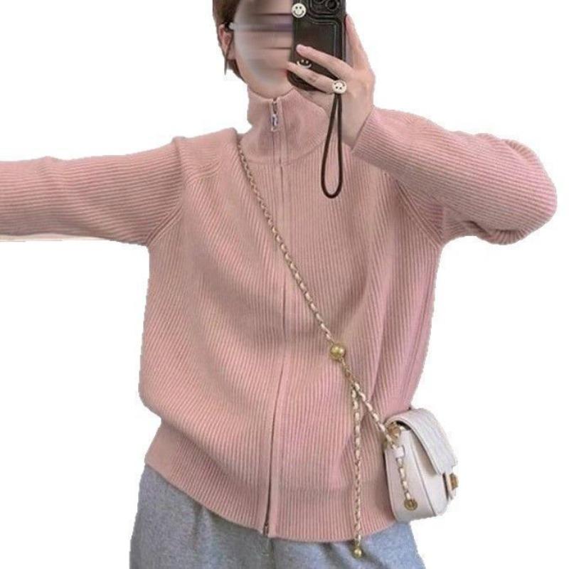 

Модная вязаная куртка на молнии, топ, свитер, женский, осенне-зимний, новый, высококлассный дизайн, повседневный вязаный кардиган, тренд XXL розовый