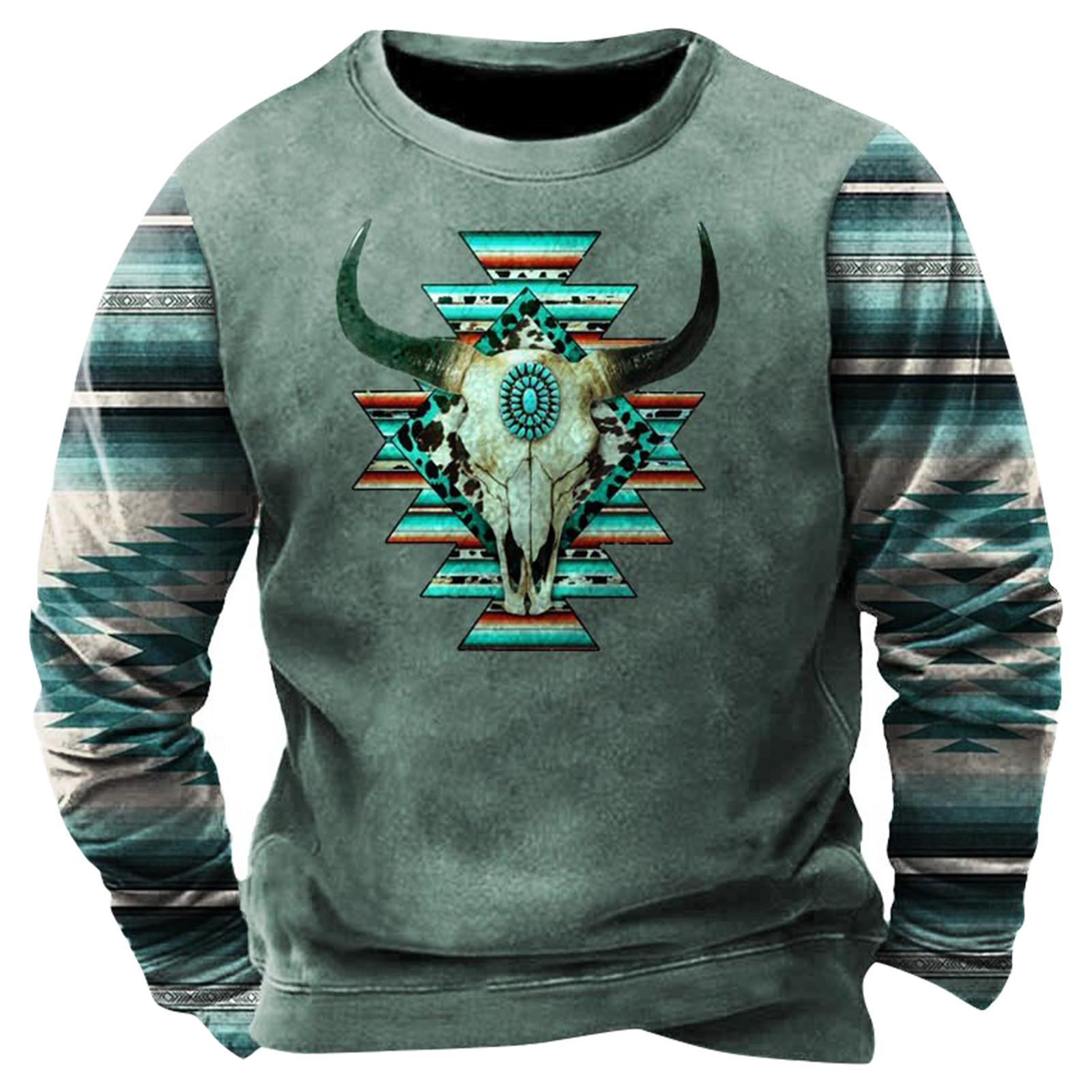 

Мужская толстовка с принтом на открытом воздухе, свободная с длинными рукавами и этническим принтом M циан