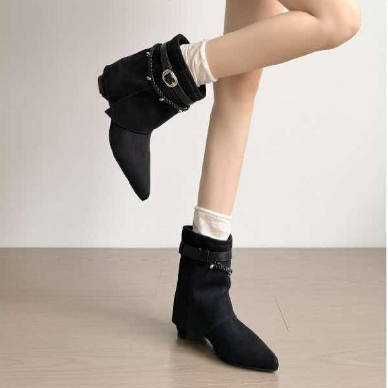 Retro suede pointed pile boots women's autumn and winter fashion sense short boots belt buckle trouser tube fashion boots removable