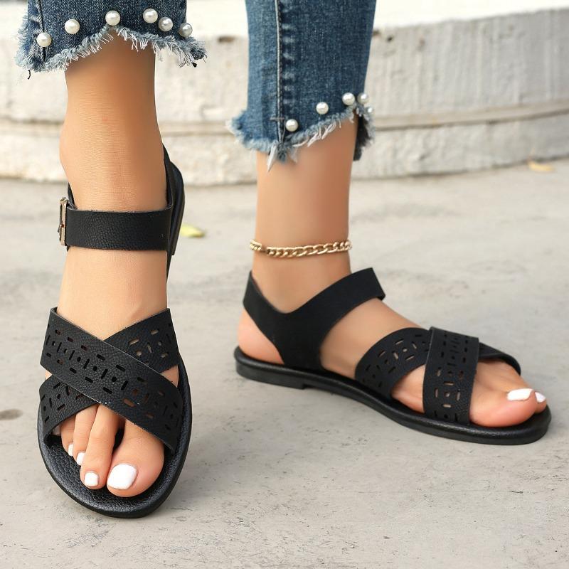 Round-toed New Flat Shoes Retro Hollowed-out Casual Women's Shoes One-button Women's Sandals