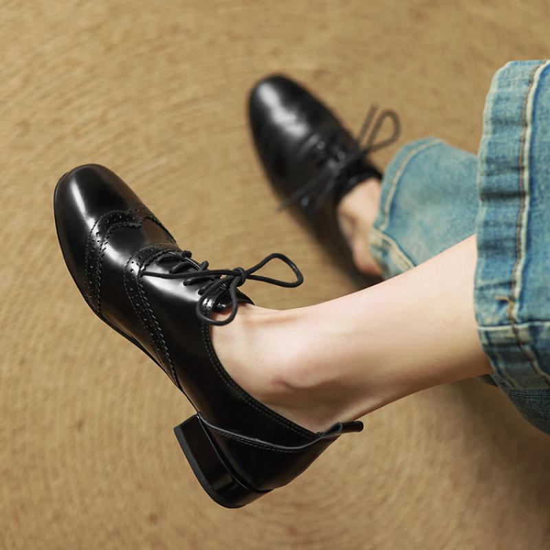 New leather loafers women's lace-up platform non-slip sheepskin women's shoes black large size shoes four seasons casual single shoes women