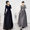 Women Slim Waist Long Dresses Patchwork Long Sleeve Dress Elegant Simple O-Neck A-Line Midi Dress