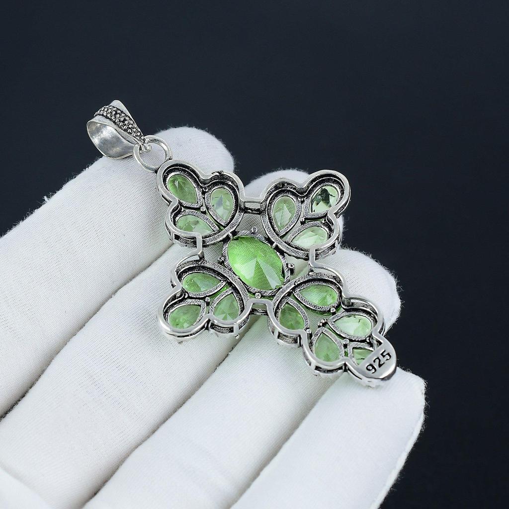Beautiful Green Amethyst Gemstone Silver Cross Pendant In 925 Sterling Silver - Handmade Pear Design, Everyday Wear Jewelry Wadding Gift