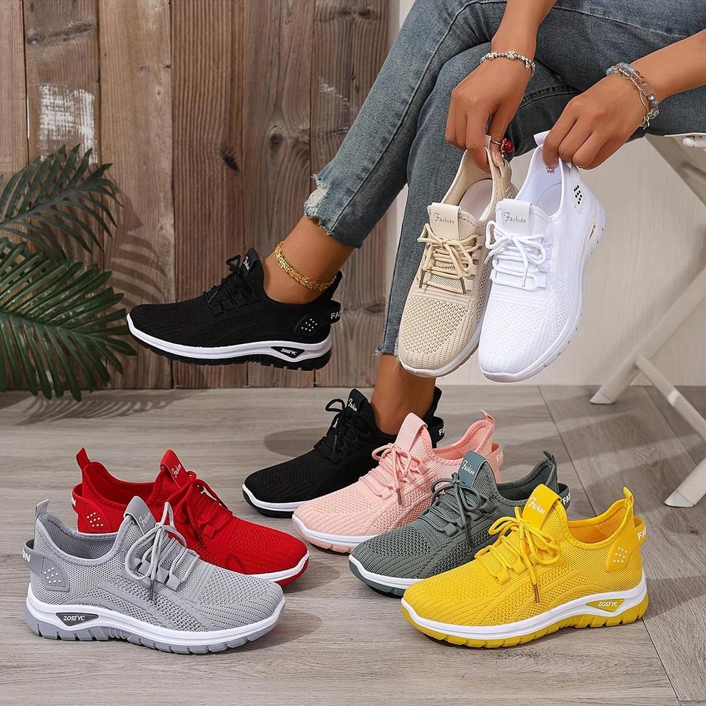 Women's Breathable Knit Casual Sneakers - Lightweight Cushioned EVA Sole, Anti-Slip Traction, All-Season Comfort, White Low-Top Lace-Up Shoes